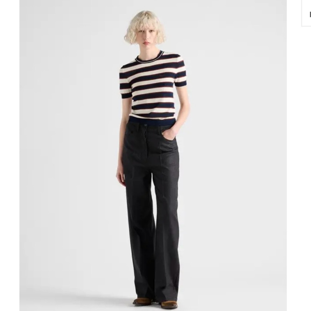 Prada Striped Crew-Neck Cotton Sweater - Navy Blue/Natural